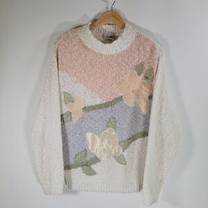 Vintage DB Sport White Floral Sweater Sz M Applique Retro Pastel Nubby Knit